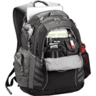 A gray and black backpack filled with electronics, pens, a laptop, and a water bottle.