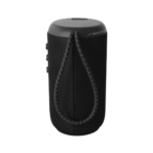 Black portable Bluetooth speaker with a carrying strap, shown on a white background.