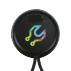A black circular device with a colorful circuit-like logo and two cables attached at the bottom.
