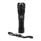 A black handheld flashlight with a textured grip and a round power button on its side. It features a wrist strap attached to the end. The flashlight has a rugged design with a slightly wider head.