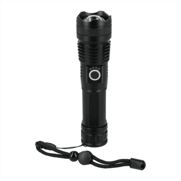 A black handheld flashlight with a textured grip and a round power button on its side. It features a wrist strap attached to the end. The flashlight has a rugged design with a slightly wider head.