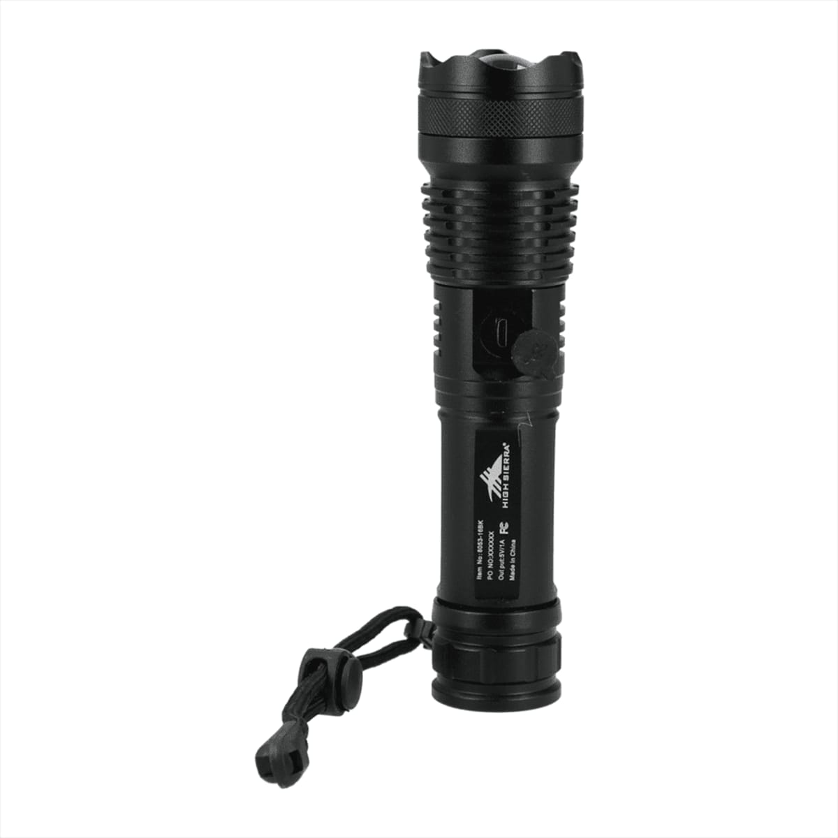 A black flashlight with a textured grip and a wrist strap attached at the base, standing upright on a white background.