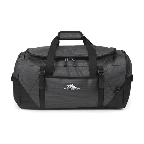 A black and gray duffel bag with handles and shoulder straps, featuring the High Sierra logo on the front. The bag is cylindrical in shape with zippered compartments.
