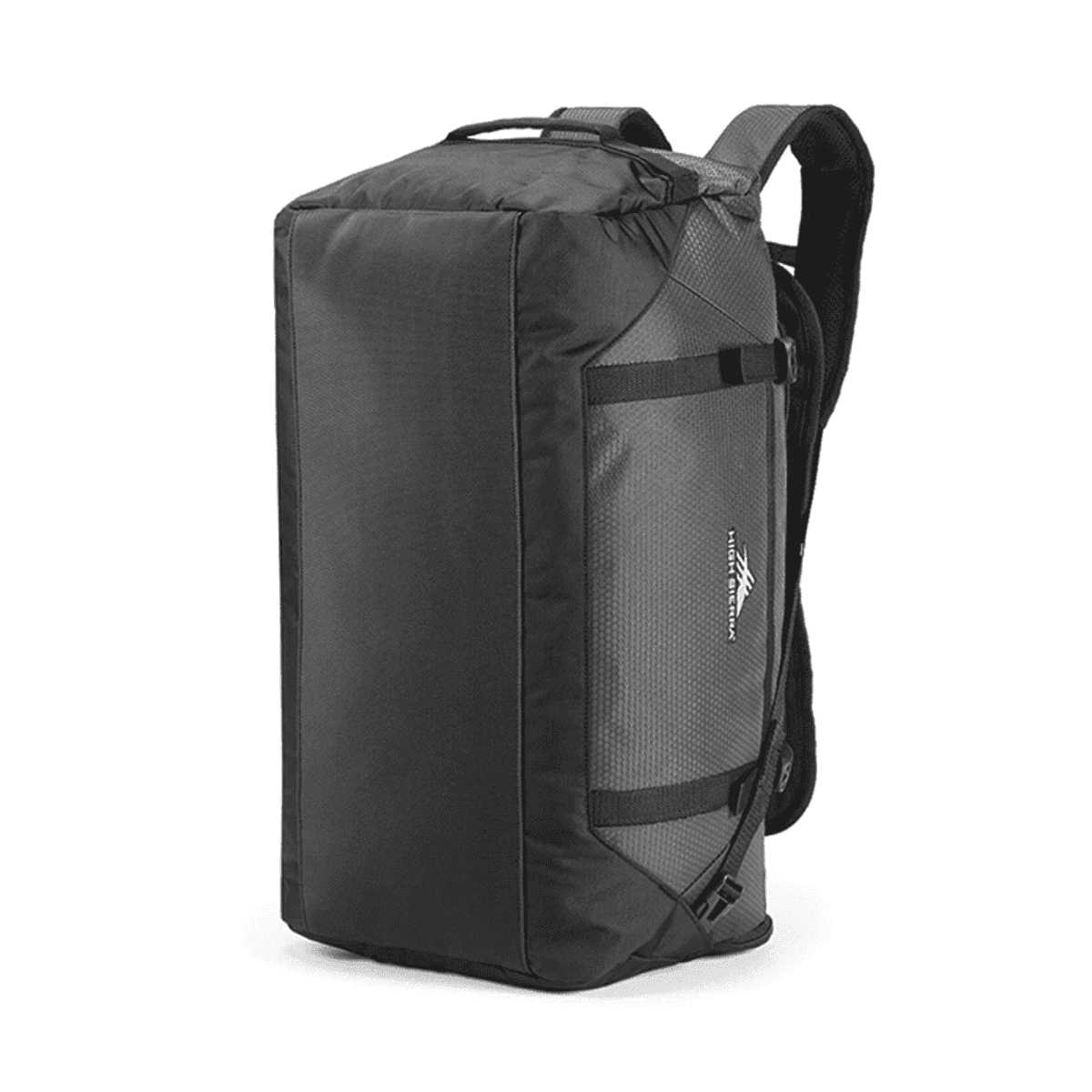 A black and gray utility backpack with padded shoulder straps and a top handle. The bag features multiple compartments and adjustable side buckles for secure closure. Its designed for travel or everyday use.