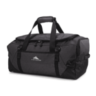A black and gray duffel bag with the brand High Sierra printed on the side. It has a large main compartment, side pockets, and sturdy handles, along with a shoulder strap for easy carrying.