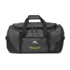A black and gray duffel bag with the High Sierra logo and the word Organic printed on the front. The bag has a handle on top and adjustable shoulder straps.