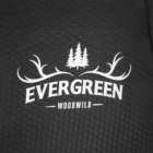 Black textured background with a white logo displaying two trees and antlers above the word EVERGREEN in bold. Below it, the word WOODWILD is written in a smaller font.
