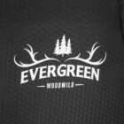 Logo featuring the word Evergreen in bold white text with antlers and three pine trees above it. Below is the word Woodwild. The background texture is dark and hexagonal.
