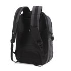 A black and gray backpack with padded shoulder straps and a mesh back panel. The backpack has a sleek design with side pockets and adjustable buckles, shown from the back at a slight angle.