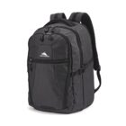 A black backpack with multiple zippered compartments and a padded handle. The front features a white logo with the text HIGH SIERRA. The shoulder straps are adjustable, and the design is sleek and functional.
