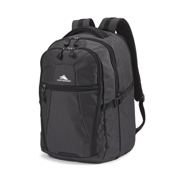 A black backpack with multiple zippered compartments and a padded handle. The front features a white logo with the text HIGH SIERRA. The shoulder straps are adjustable, and the design is sleek and functional.