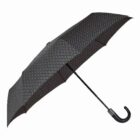 A black umbrella with a subtle geometric pattern, featuring a curved handle. The umbrella is fully open, displaying its canopy.