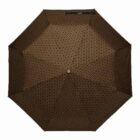 A top view of a fully opened brown umbrella displaying a geometric pattern of small squares. The umbrella is eight-panelled with a central silver tip at the hub.