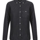 A black button-up shirt with long sleeves, a collar, and a single chest pocket. The fabric has a subtle striped texture. The front is fully buttoned with small white buttons.