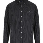 A black button-up shirt with long sleeves and a buttoned collar. It features a single chest pocket on the left side. The buttons are white, providing a contrasting detail against the dark fabric.