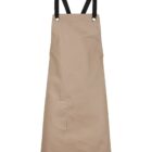 Beige apron with black adjustable straps and a large front pocket, displayed on a plain white background.