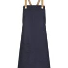 A dark blue apron with beige adjustable straps and a large front pocket, displayed against a plain white background. The apron is shown from the front, hanging straight down.