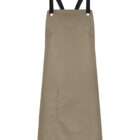 A khaki apron with black straps and a large front pocket is shown against a white background. The apron is simple and utilitarian, suitable for various uses like cooking or crafting.