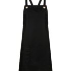 A black apron with two shoulder straps and metal grommets. It features a large front pocket on the left side. The design is simple and practical, suitable for cooking or crafting activities.