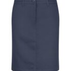 Navy blue knee-length skirt with a waistband featuring belt loops and a button closure at the top. The design is simple and tailored, suitable for formal or office wear. Invisible side pockets are present, and the fabric appears smooth and structured.