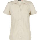 Beige short-sleeve blouse with a front button-up design, two chest pockets, and epaulettes on the shoulders, displayed on a white background.