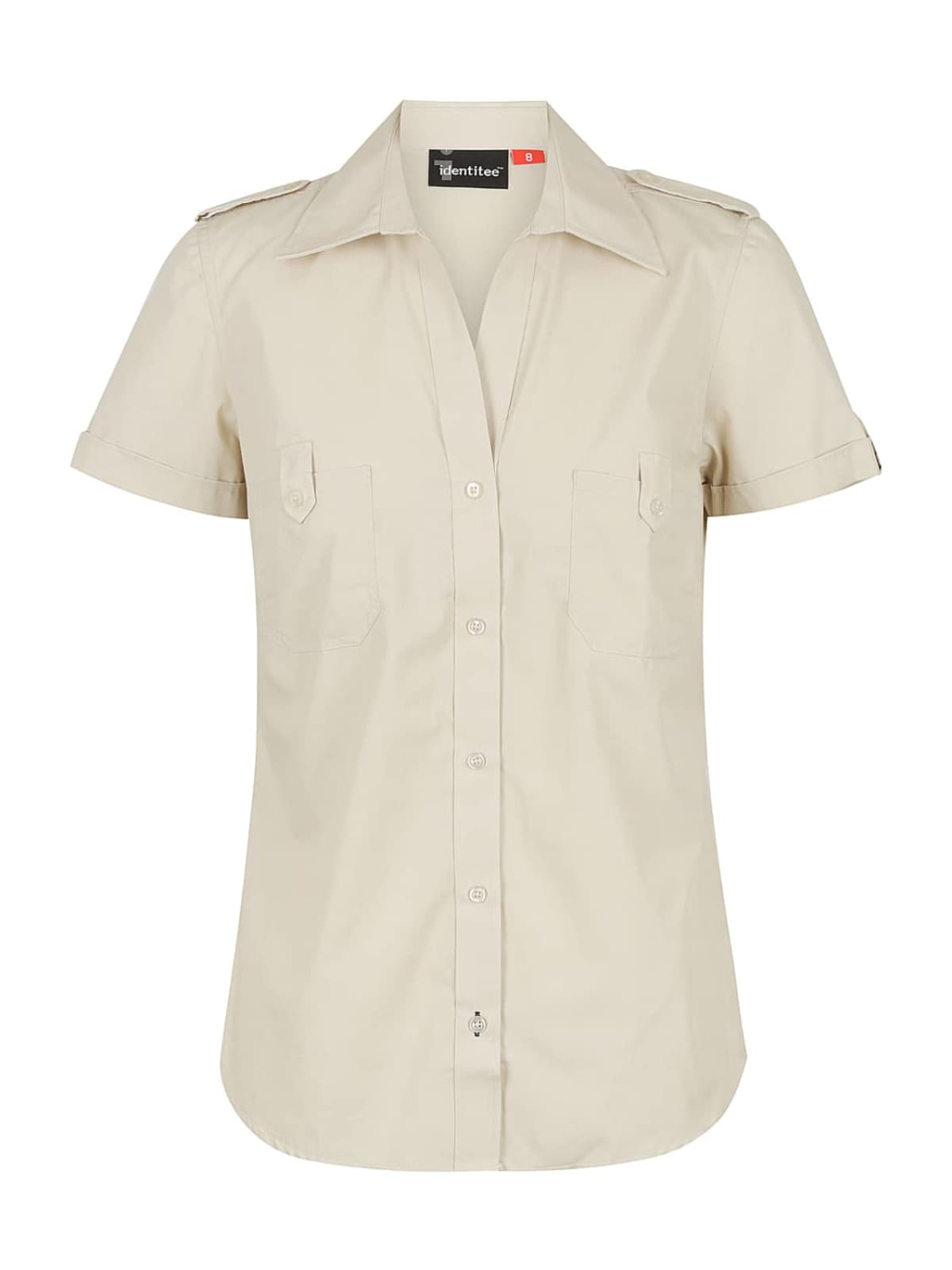 Beige short-sleeve blouse with a front button-up design, two chest pockets, and epaulettes on the shoulders, displayed on a white background.