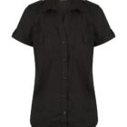A black short-sleeve button-up shirt with epaulets on the shoulders and two front pockets. The shirt is displayed against a white background.