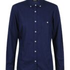 A navy blue button-up shirt with long sleeves and white buttons. It features a single chest pocket on the left side and a classic collar.