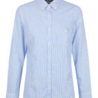 A light blue, long-sleeved button-up shirt with a pointed collar and a single chest pocket. The fabric has a subtle pinstripe pattern, and the shirt is displayed on a plain white background.