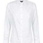 A white long-sleeved, button-down dress shirt with a pointed collar on a plain background. The shirt appears crisp and neatly pressed, suitable for formal or business wear.