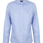 A light blue, long-sleeved dress shirt with a button-down front. The shirt has a classic collar and buttoned cuffs, neatly pressed and displayed against a plain white background.