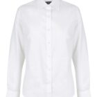 A plain white long-sleeve button-up shirt with a pointed collar and buttoned cuffs.