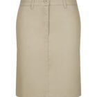 A beige knee-length pencil skirt with a button and zip closure at the front. It features belt loops and has a tailored fit.