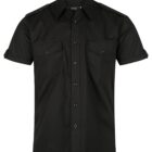 Black short-sleeve button-up shirt with two chest pockets and buttoned epaulets on the shoulders.