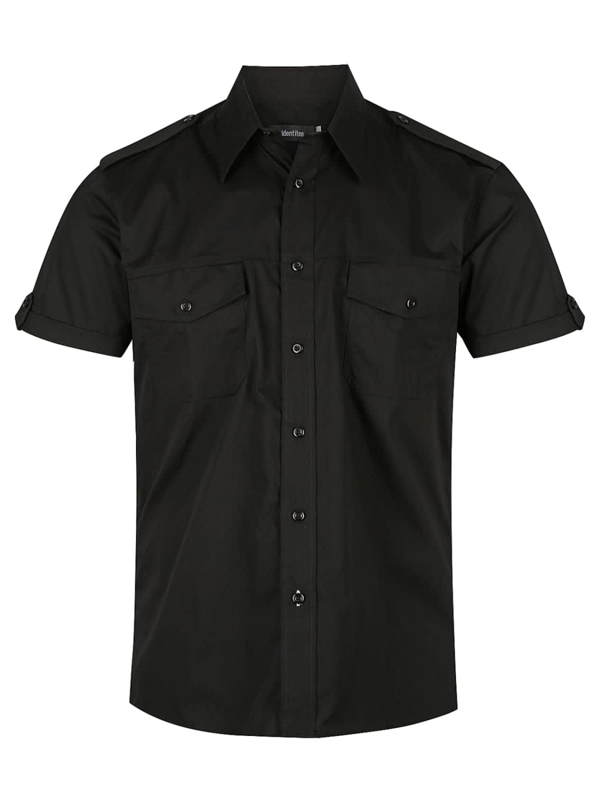 Black short-sleeve button-up shirt with two chest pockets and buttoned epaulets on the shoulders.