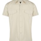 A beige short-sleeve button-up shirt with two chest pockets and buttoned flaps. The shirt has a collar and shoulder epaulets, giving it a utilitarian look. The fabric appears lightweight and suitable for warm weather.