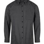 A long-sleeved, button-up shirt with a black and gray checkered pattern. The shirt has a classic collar and is displayed against a white background.
