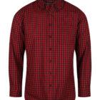 A long-sleeve, red and black checkered button-up shirt with a collar and a chest pocket.