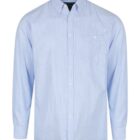 A light blue, long-sleeved button-up shirt with a pointed collar and a chest pocket. It has white buttons down the front and at the cuffs. The fabric is slightly textured.