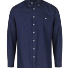 A navy blue button-up shirt with long sleeves and a classic collar. It features a single chest pocket on the left side and white buttons down the front.