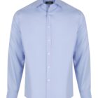 Light blue mens dress shirt with long sleeves, buttoned front, and a spread collar. The shirt is neatly arranged and displayed against a plain white background.