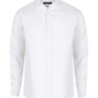 A plain white long-sleeve button-up shirt with a collar, displayed against a white background. The shirt features a simple and classic design.
