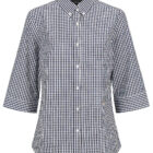 A black and white checkered button-up shirt with three-quarter sleeves and a collar, displayed on a white background.