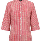Red and white checkered blouse with elbow-length sleeves and a collar, displayed on a white background.