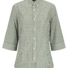 Green and white checkered button-up shirt with three-quarter length sleeves and a collar.