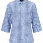 A blue and white checkered shirt with three-quarter length sleeves and white buttons down the front. It has a pointed collar and appears tailored with a fitted design.