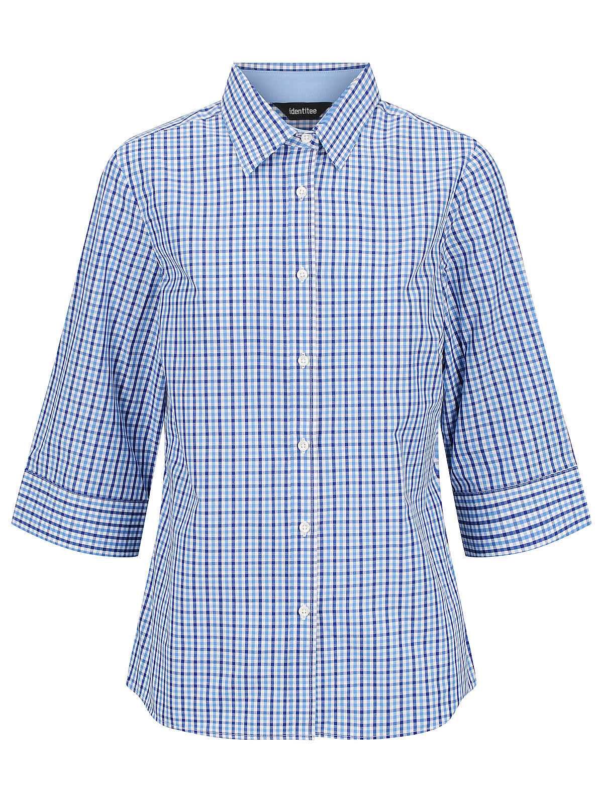 A blue and white checkered shirt with three-quarter length sleeves and white buttons down the front. It has a pointed collar and appears tailored with a fitted design.