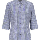 Blue and white checkered button-up shirt with elbow-length sleeves and a collar, displayed on a white background.