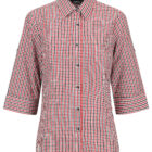 A red, white, and blue plaid button-up shirt with three-quarter length sleeves and a classic collar, displayed against a white background.