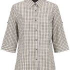 A beige and black plaid button-up shirt with three-quarter sleeves. The fabric features a small checkered pattern, and the shirt has a classic collar.